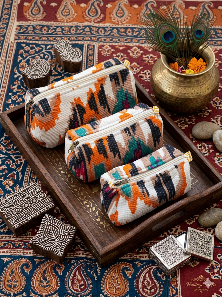 Quilted Ikat Print Travel Pouch – Vibrant Daily Essentials Organizer & Multi-Purpose Vanity Bag