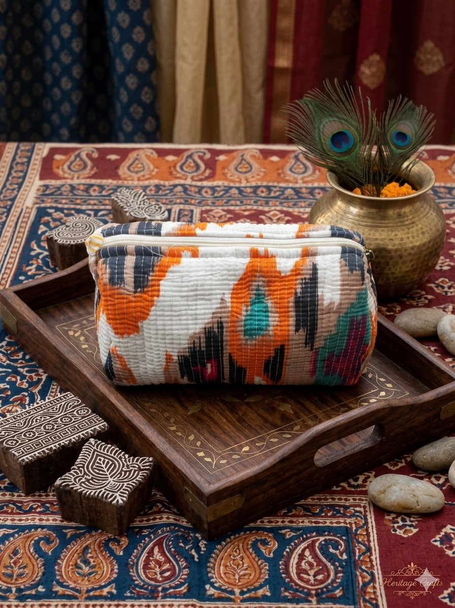 Quilted Ikat Print Travel Pouch – Vibrant Daily Essentials Organizer & Multi-Purpose Vanity Bag