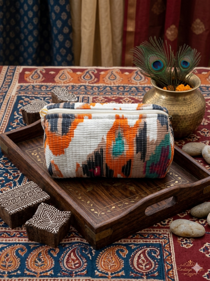 Quilted Ikat Print Travel Pouch – Vibrant Daily Essentials Organizer & Multi-Purpose Vanity Bag