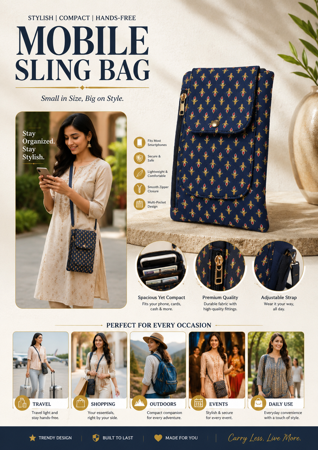 Handytasche mit Indigo-Blumendruck – Reisebrieftasche & Handyhalter aus Baumwolle mit mehreren Reißverschlüssen