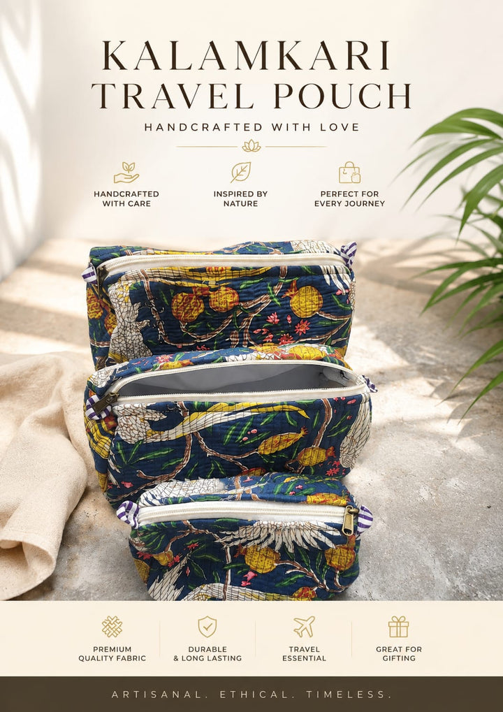 Quilted Kalamkari Travel Pouch – Handcrafted Daily Essentials Organizer & Makeup Kit